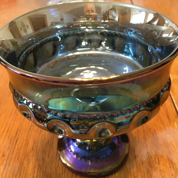 Kings Crown Blue Iridescent Carnival Glass Pedestal Candy Dish - Picture 4 of 10